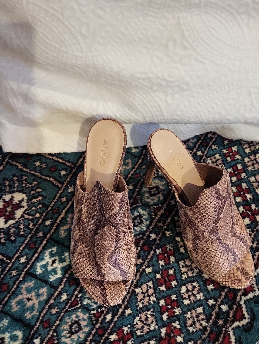 ALDO Brown Snake-Print Peep-Toe Mule Heels